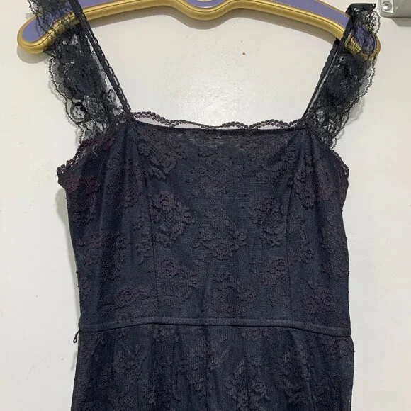 VINTAGE NU-MODE SLIM FIT SLEEVELESS RUFFLE LACE LITTLE BLACK DRESS SIZE S - Picture 2 of 12